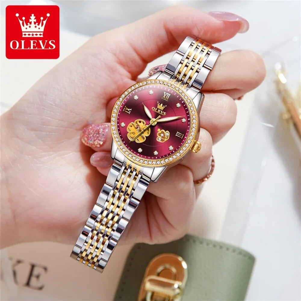 OLEVS Women Goddess Flower Luxury Automatic Mechanical Watch 